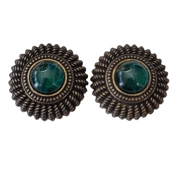 Ben Amun Flawed Emerald Green Glass Cab Clip-On Earrings, Signed E639 - Picture 4 of 14